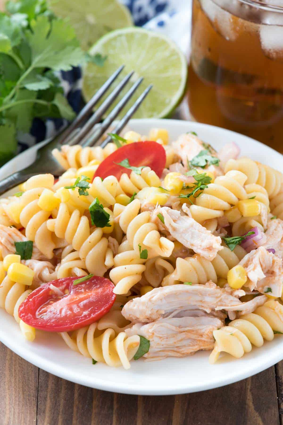 tomatoes and pasta and chicken mixed together.
