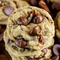 stacked chocolate chip cookies with pecans baked in.