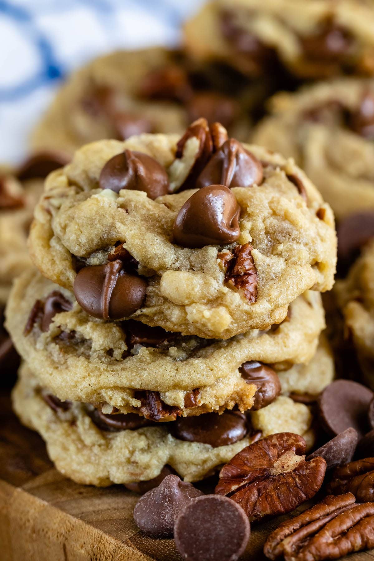 stacked chocolate chip cookies with pecans baked in.