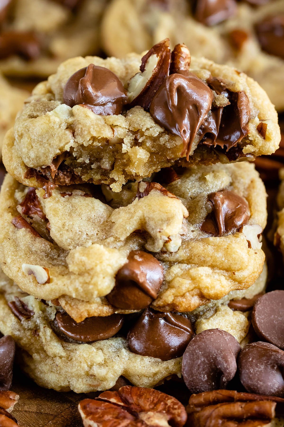 stacked chocolate chip cookies with pecans baked in.