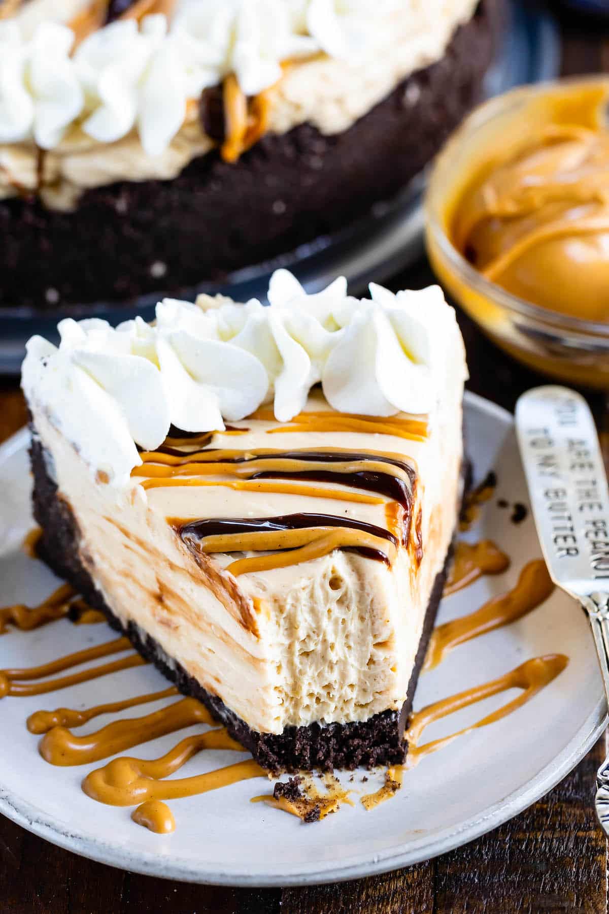 cheesecake with peanut butter and chocolate sauce drizzled over it and whipped cream on the edge.