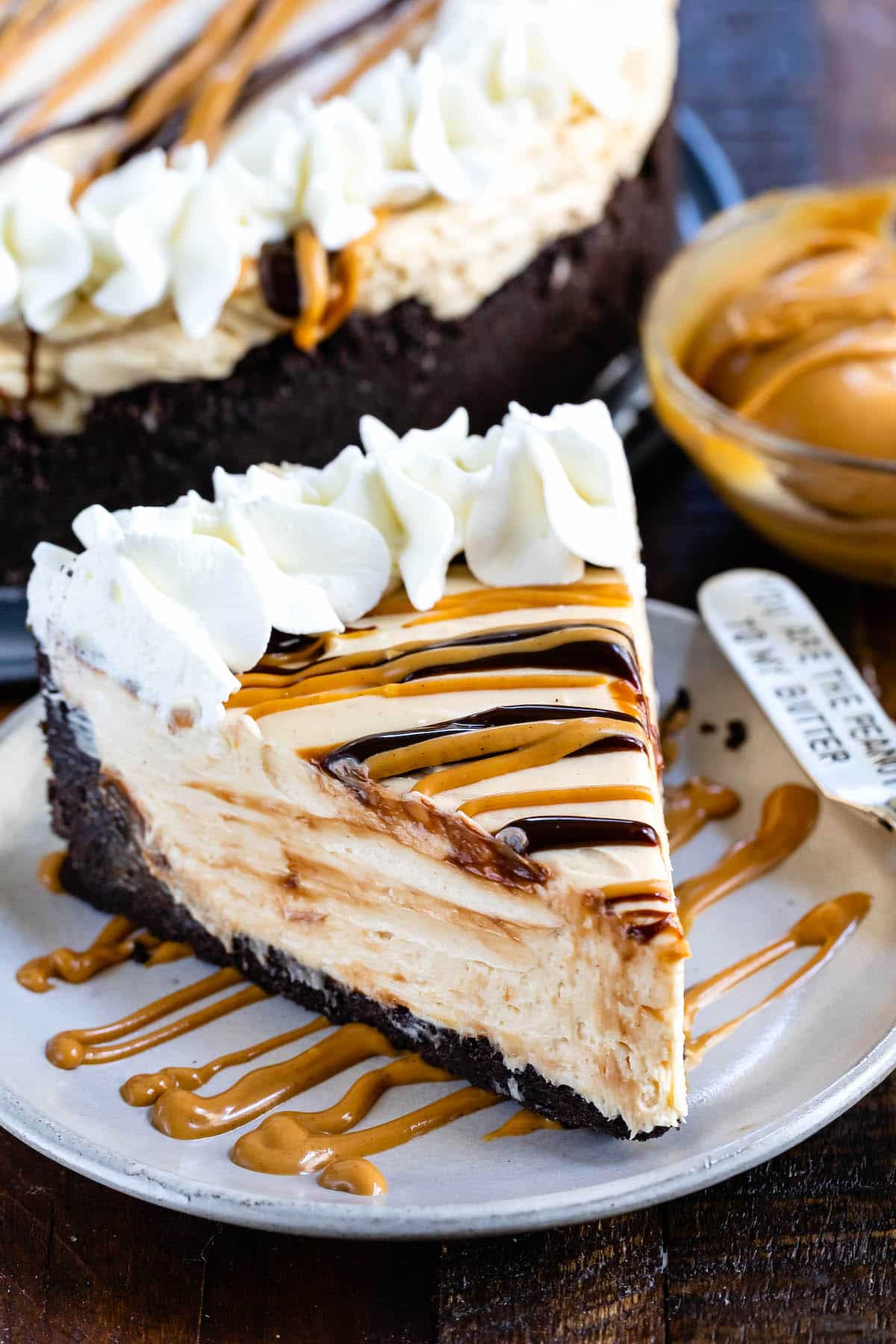 cheesecake with peanut butter and chocolate sauce drizzled over it and whipped cream on the edge.