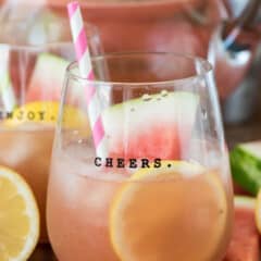 margarita in a short clear glass with sliced watermelons and lemons and a pink and white straw.
