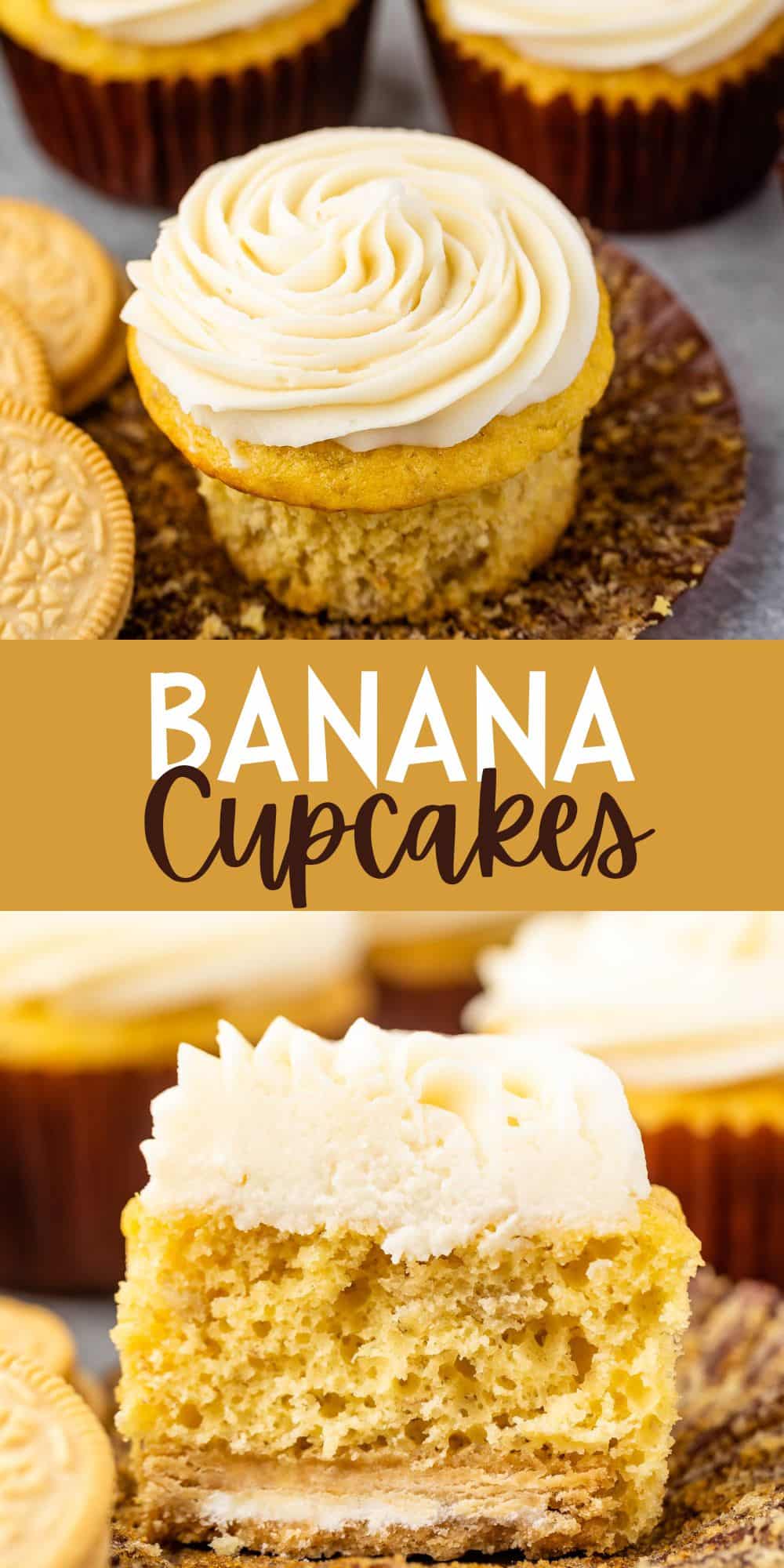 two photos of banana cupcakes next to golden oreos with white frosting with words on the image.