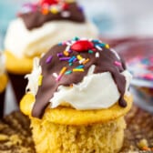 cupcake with frosting replicating and ice cream sundae.