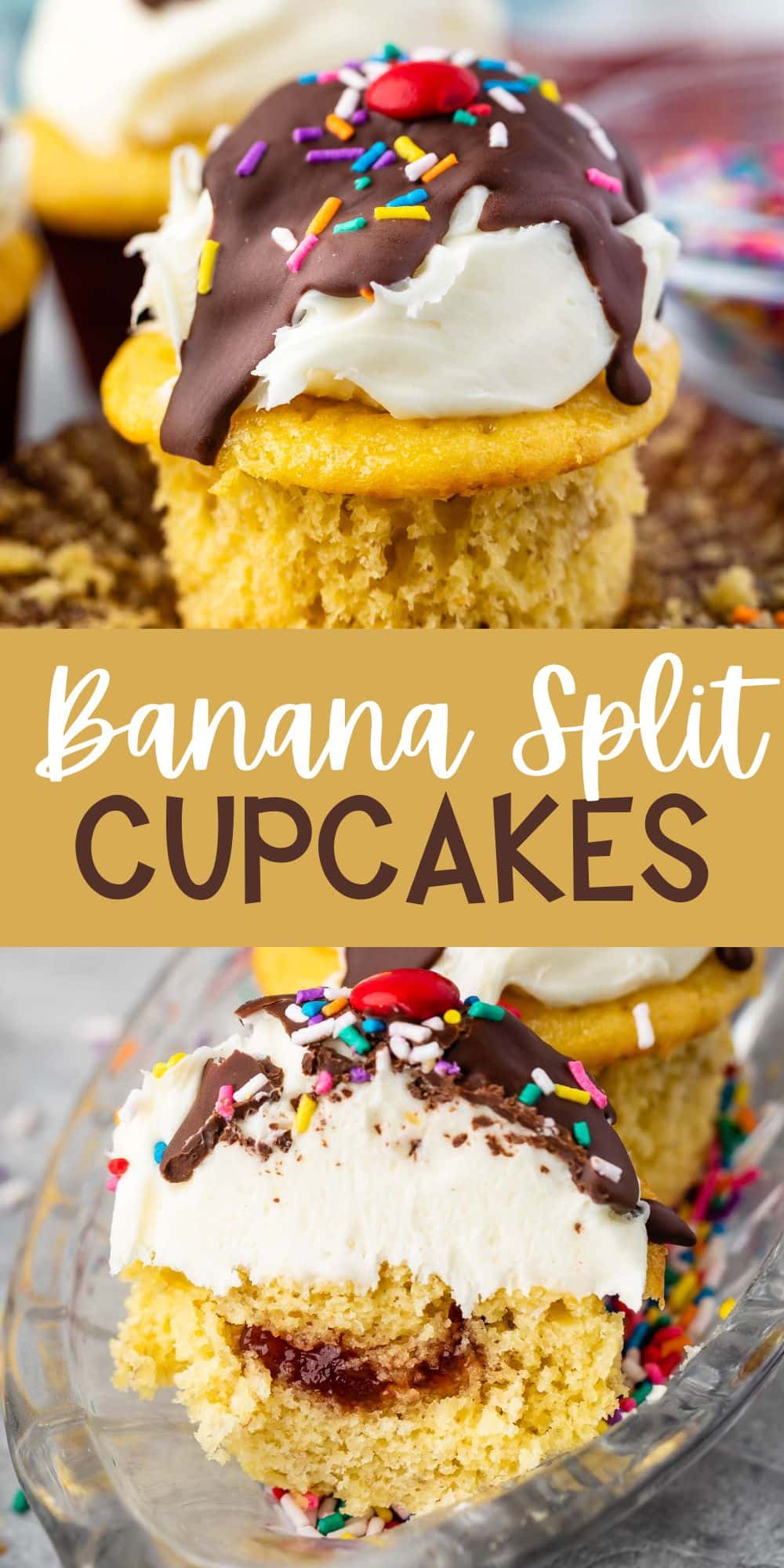 two photos of cupcake with frosting replicating and ice cream sundae with words on the image.