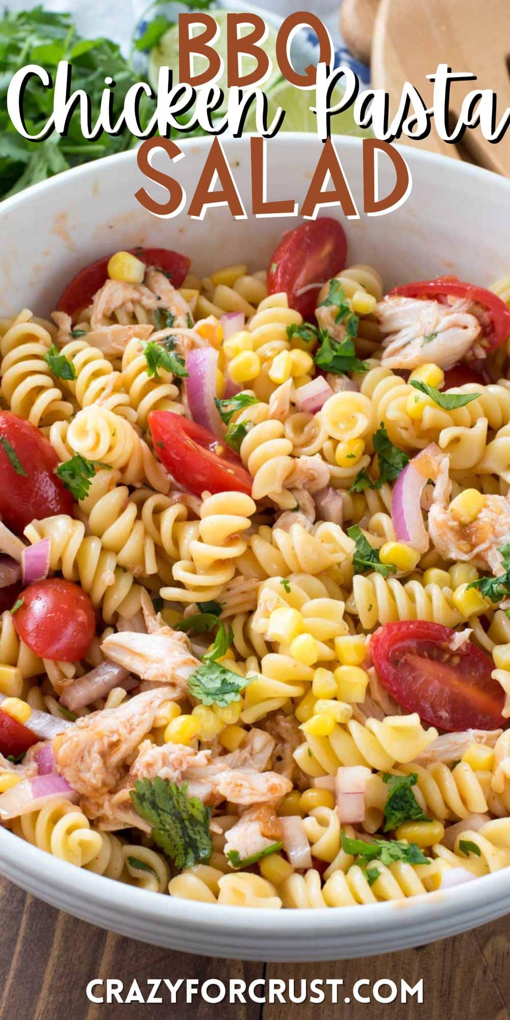 tomatoes and pasta and chicken mixed together with words on the image.