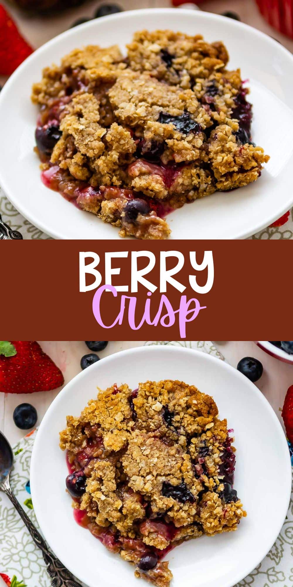 two photos of berry crisp on a white plate mixed with various berries with words on the image.