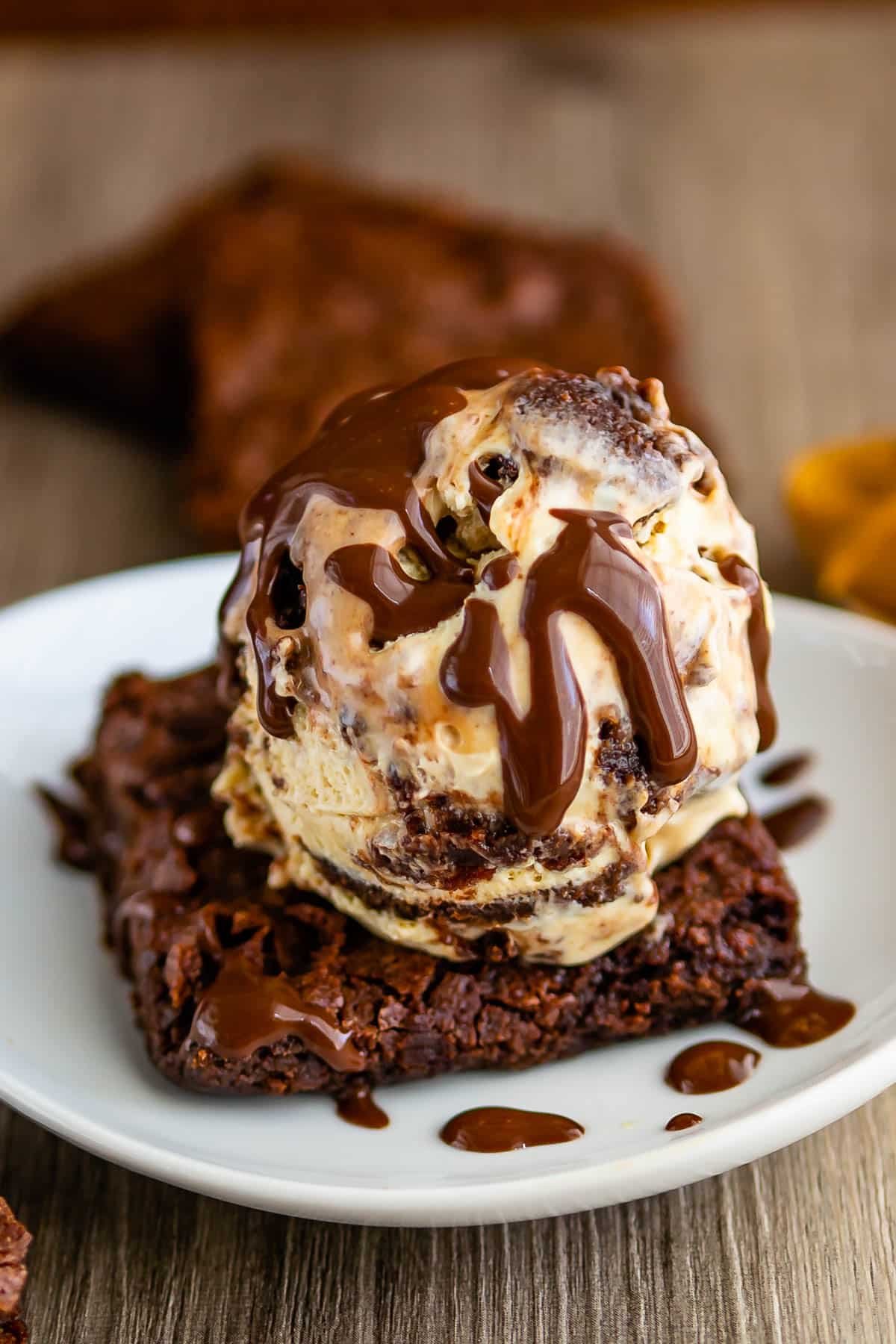 one scoop of ice cream with brownies mixed in.