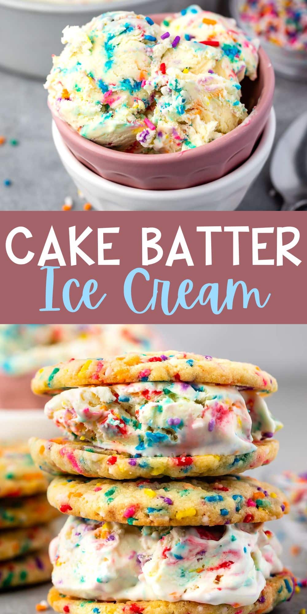 two photos of scooped ice cream with sprinkles mixed in, in pink and white stacked bowls with words on the image.