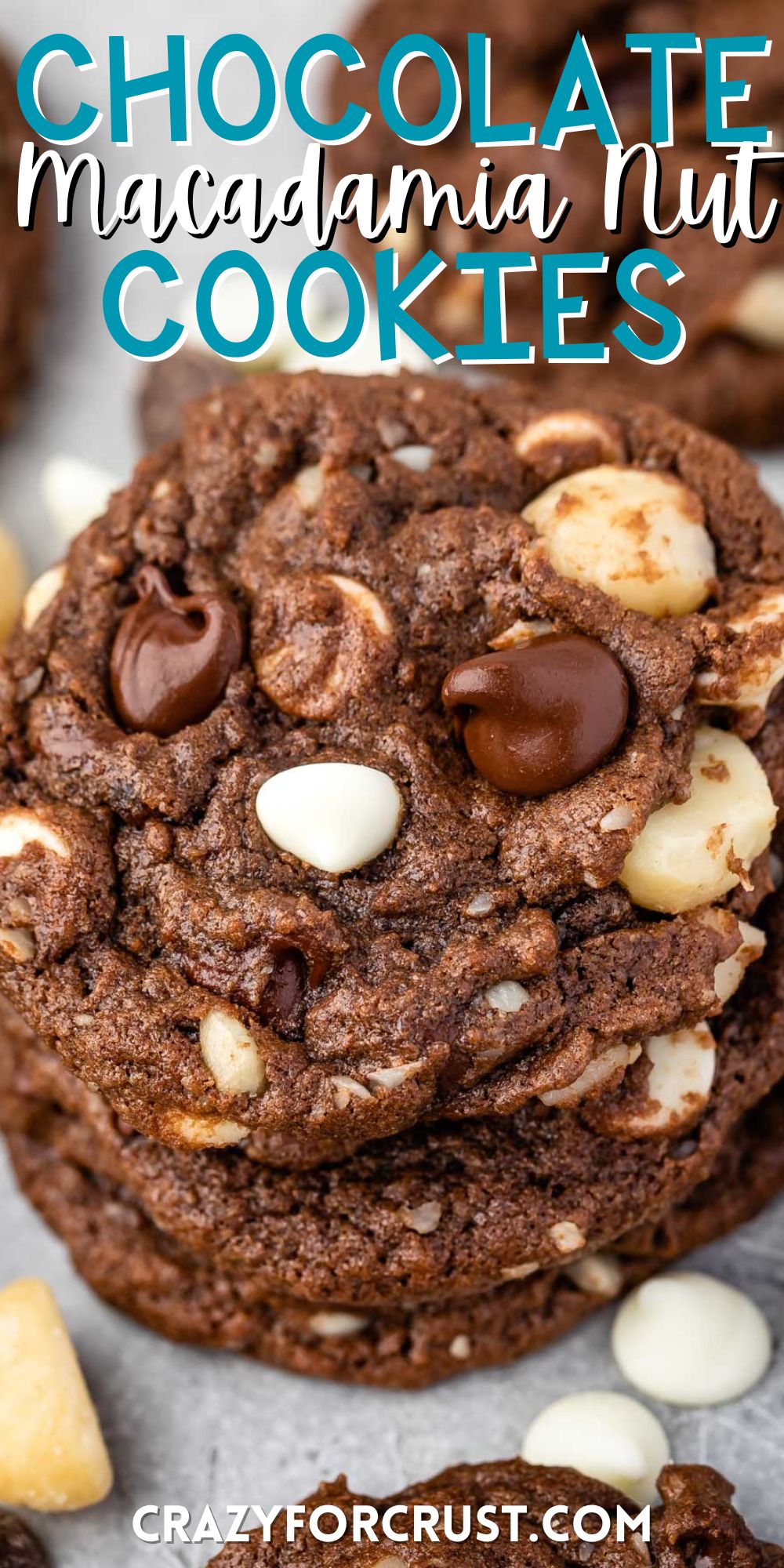 cookies with chocolate chips and macadamia nuts baked in with words on the image.