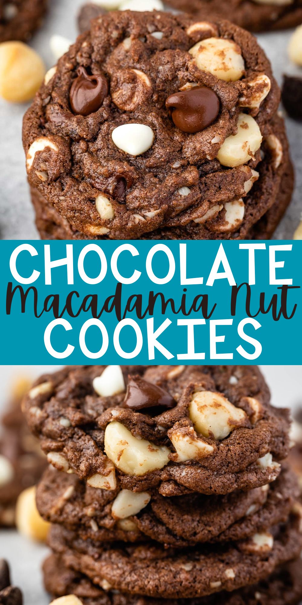 two photos of cookies with chocolate chips and macadamia nuts baked in with words on the image.