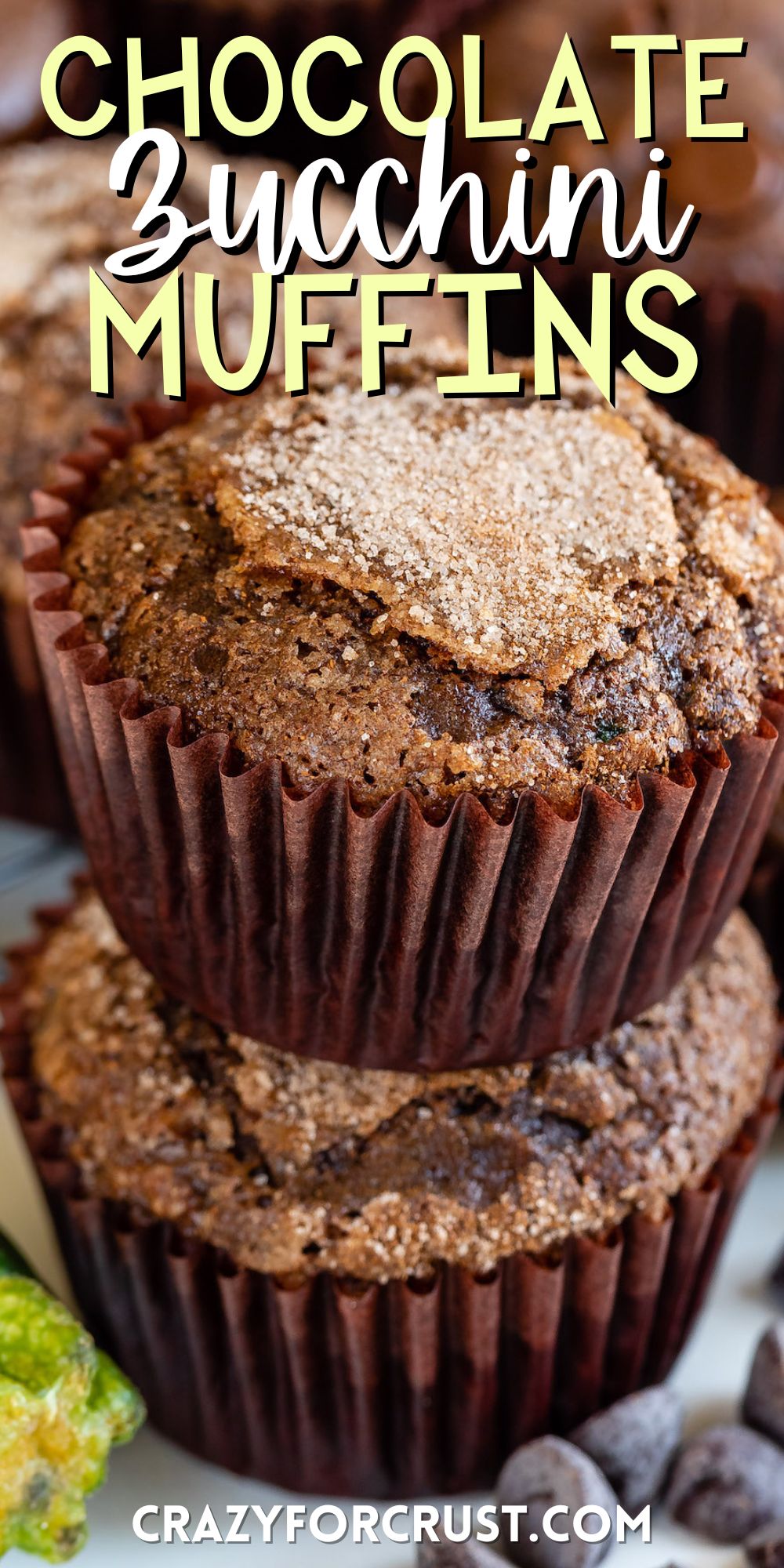 stacked chocolate muffins in brown cupcake wrappers with words on the image.