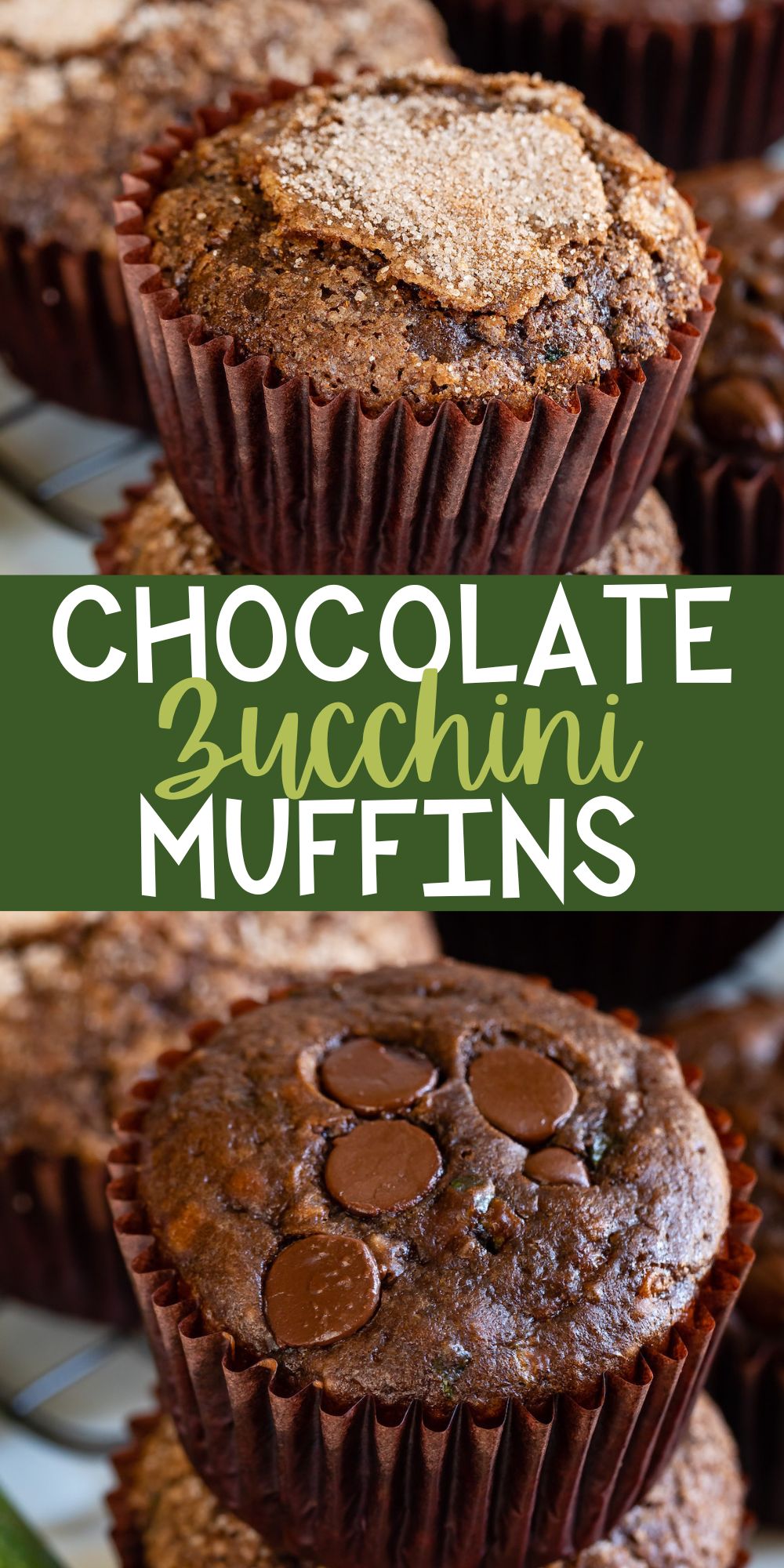two photos of stacked chocolate muffins in brown cupcake wrappers with words on the image.