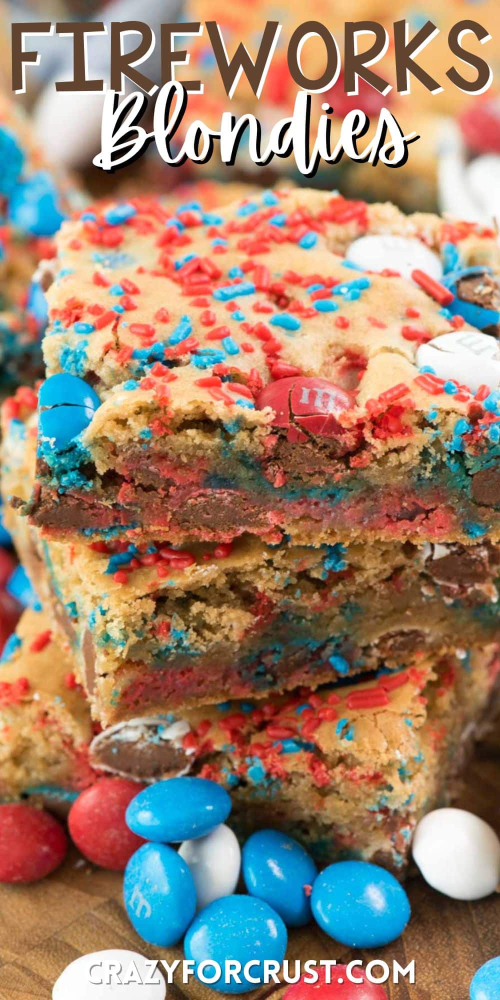 stacked blondies with red white and blue sprinkles mixed in with words on the image.