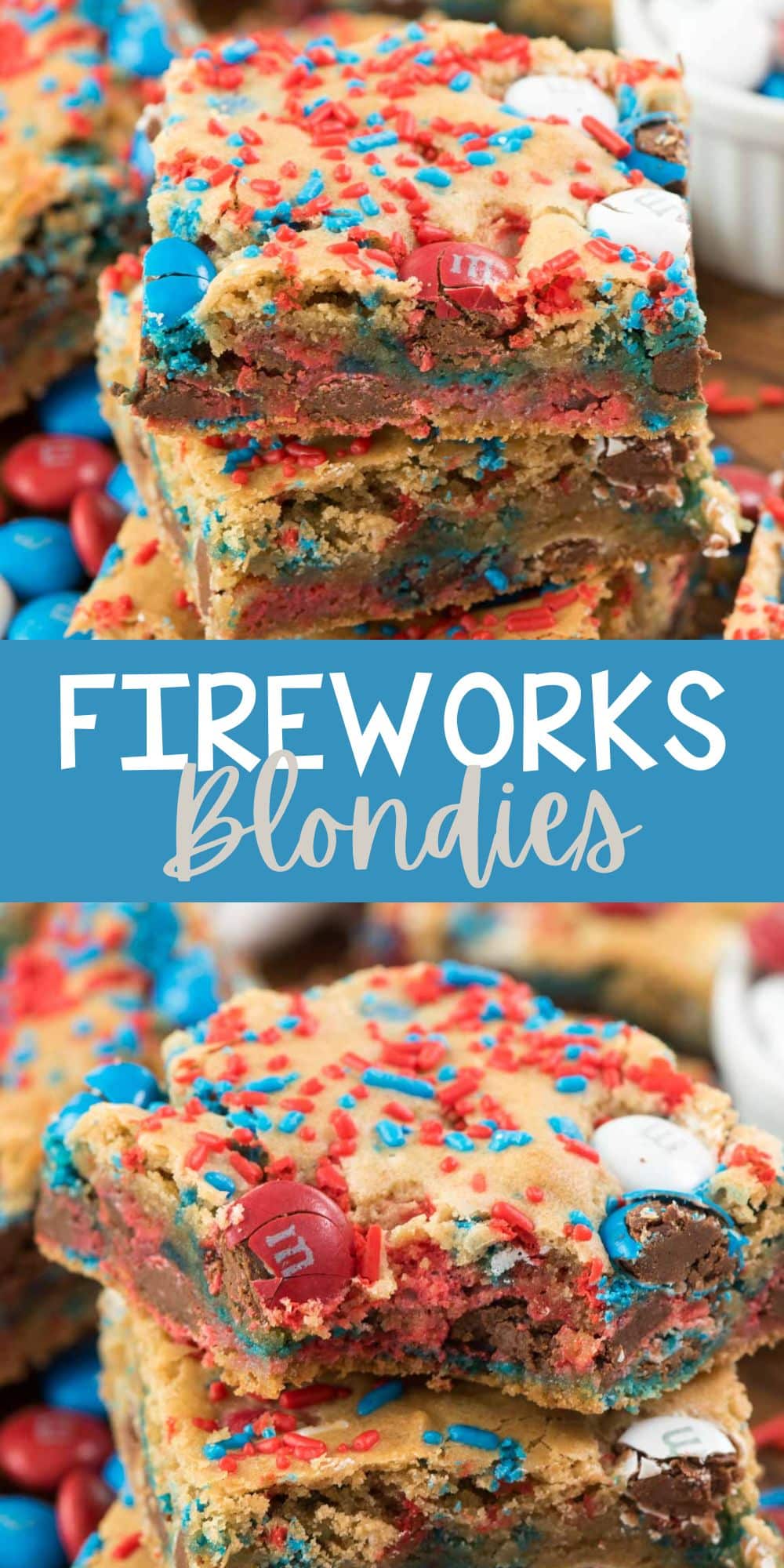 two photos of stacked blondies with red white and blue sprinkles mixed in with words on the image.