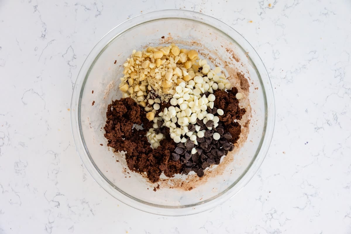 process shot of chocolate macadamia nut cookies.