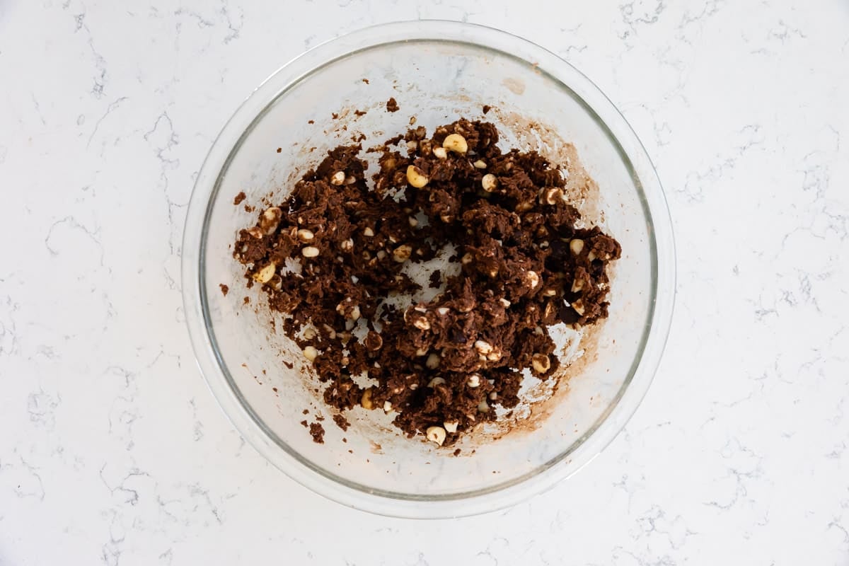 process shot of chocolate macadamia nut cookies.