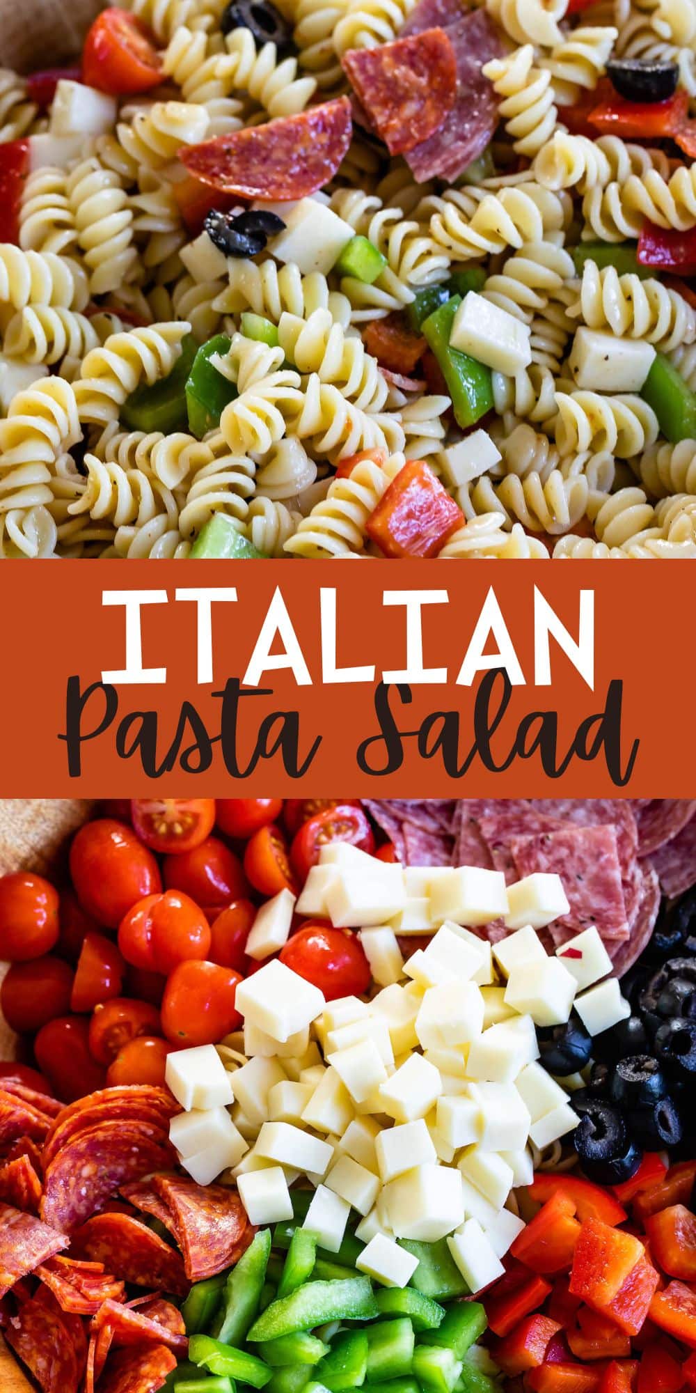 two photos of pasta and salami and other mix ins together in a wooden bowl with words on the image.