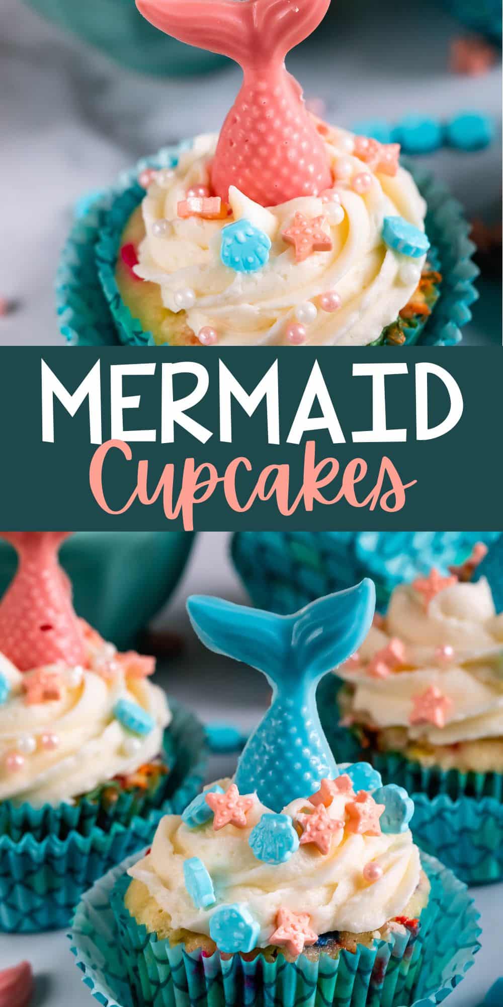 two photos of cupcakes in scaled cupcake wrappers with candy mermaid tails on top with words on the image.