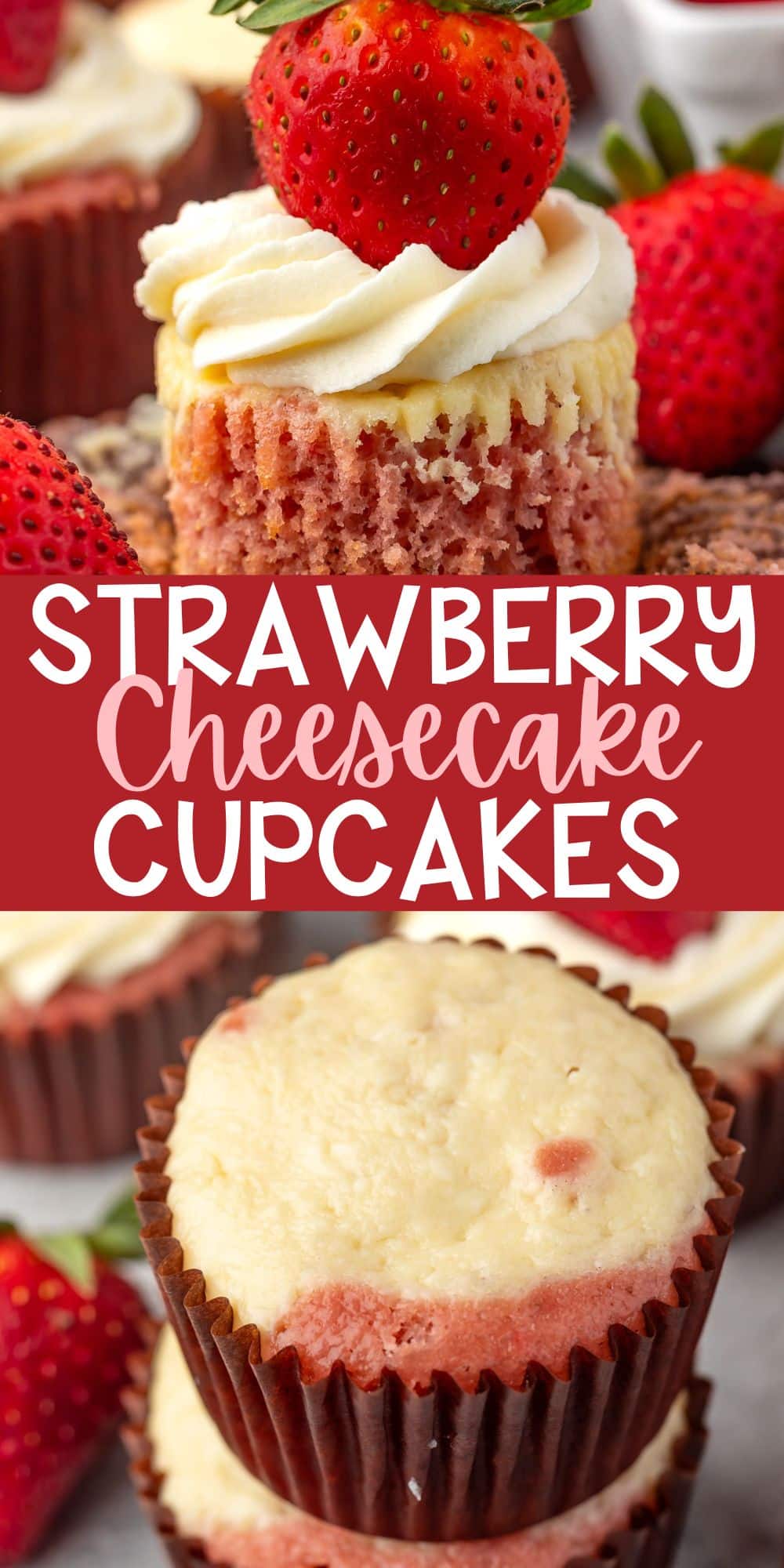 two photos of cupcake with white frosting and a strawberry on top with words on the image.