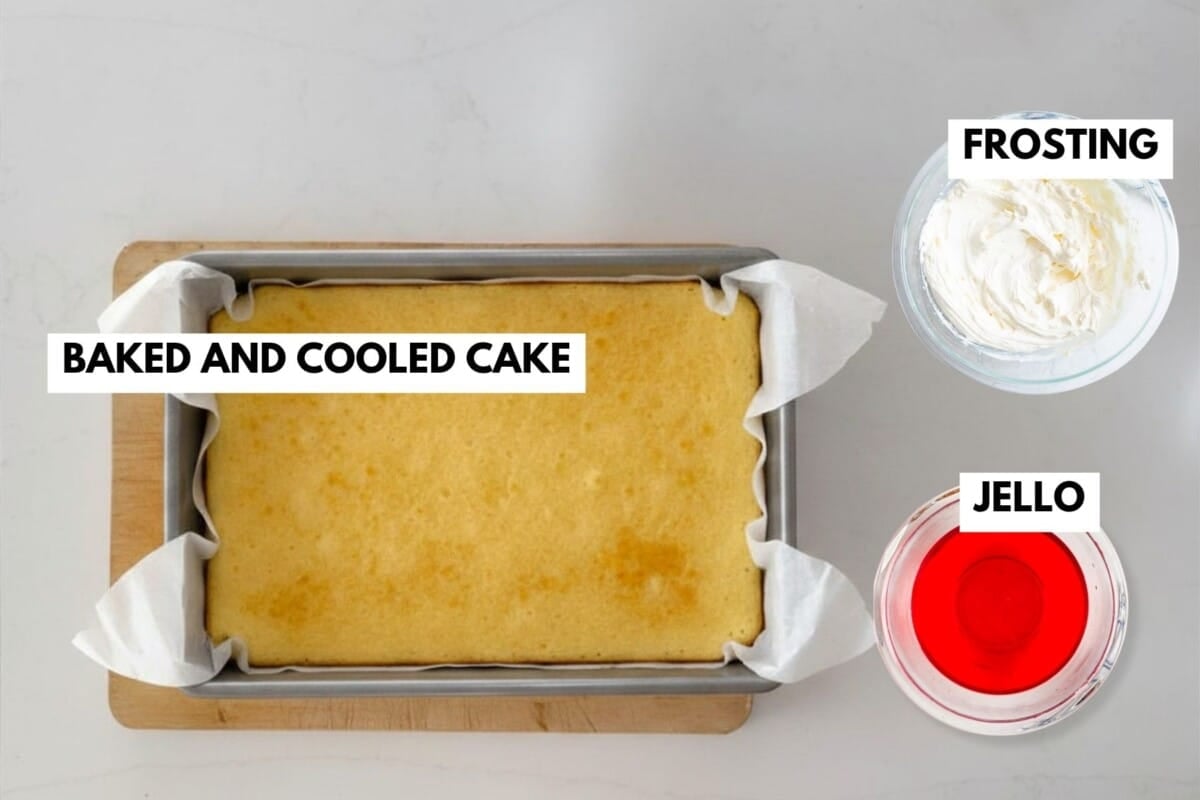 A rectangular Jello Poke Cake rests in a parchment-lined pan, with bowls of white frosting and red jello nearby on a white surface. Labels indicate each component for easy assembly.
