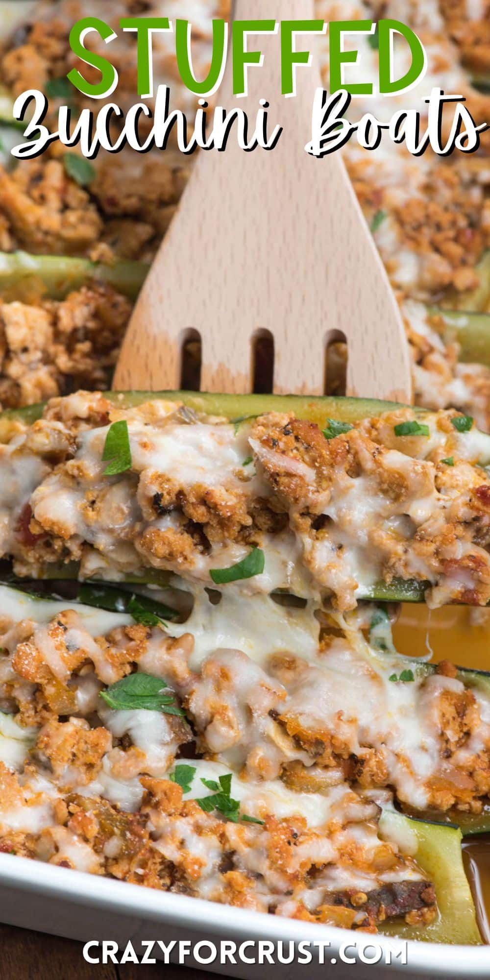 zucchini with meat and cheese inside with words on the image.
