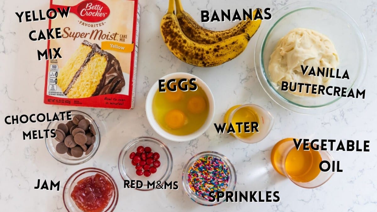 ingredients in banana split sundae cupcakes.