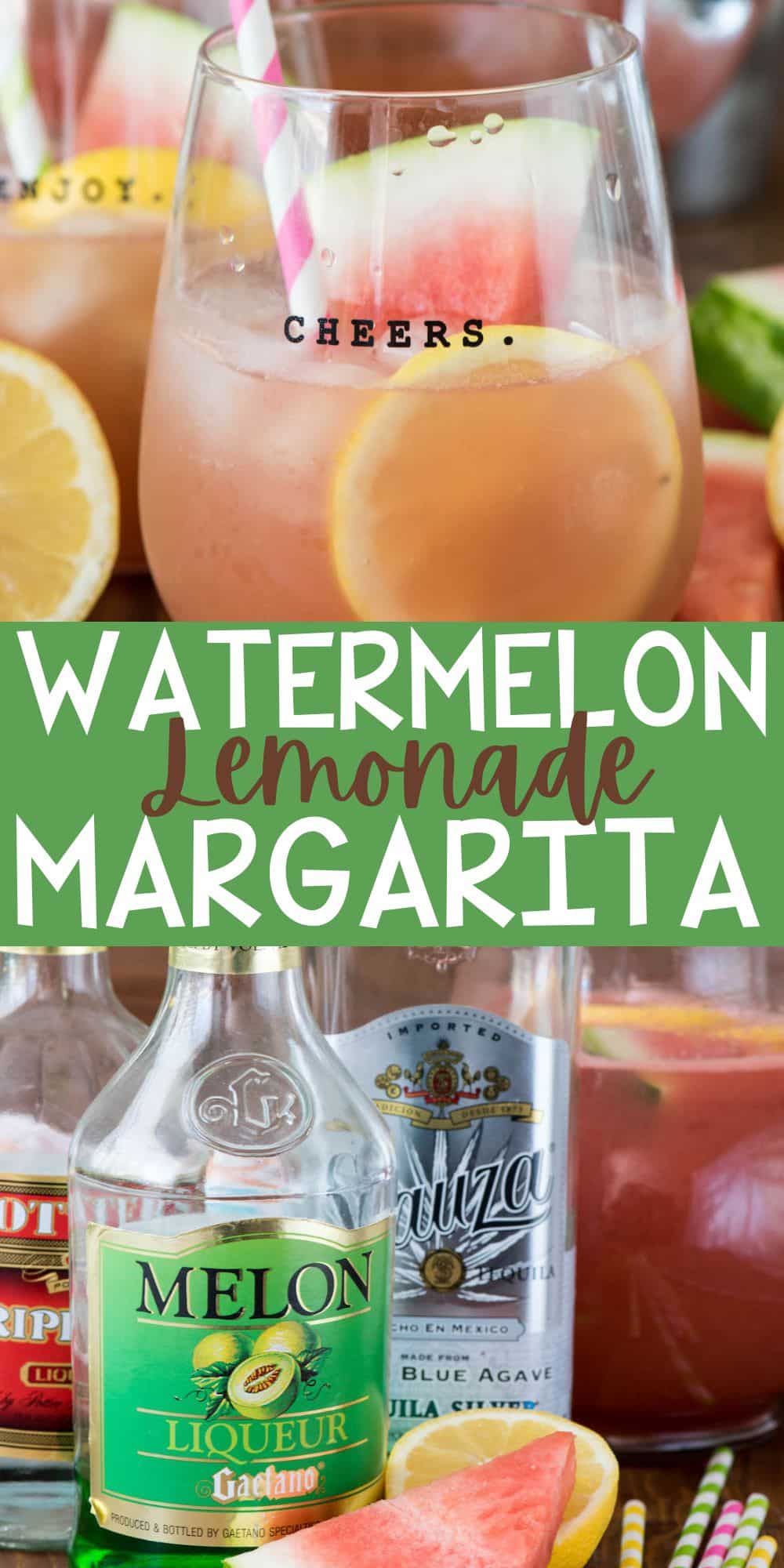 two photos of margarita in a short clear glass with sliced watermelons and lemons and a pink and white straw with words on the image.