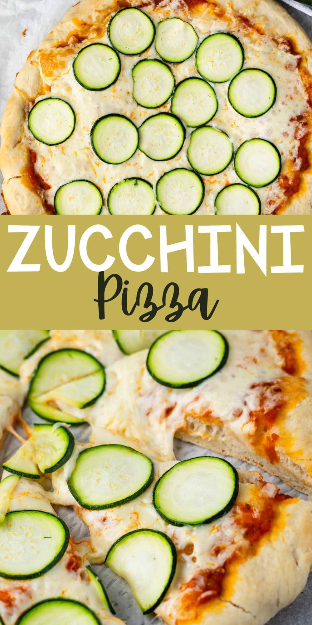 two photos of pizza with sliced zucchinis on top with words on the image.