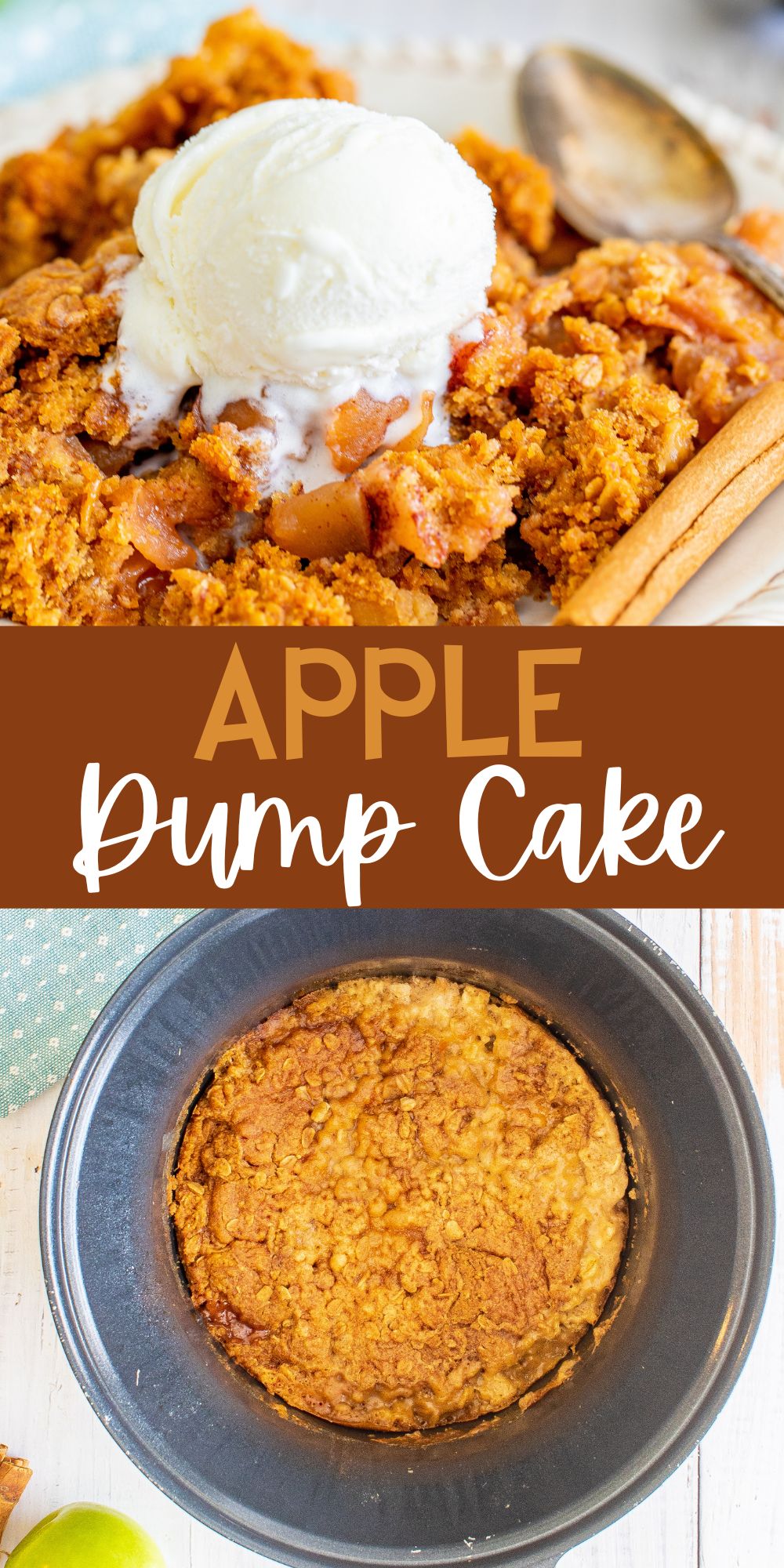 two photos of orange dump cake on a white plate with white ice cream on top.