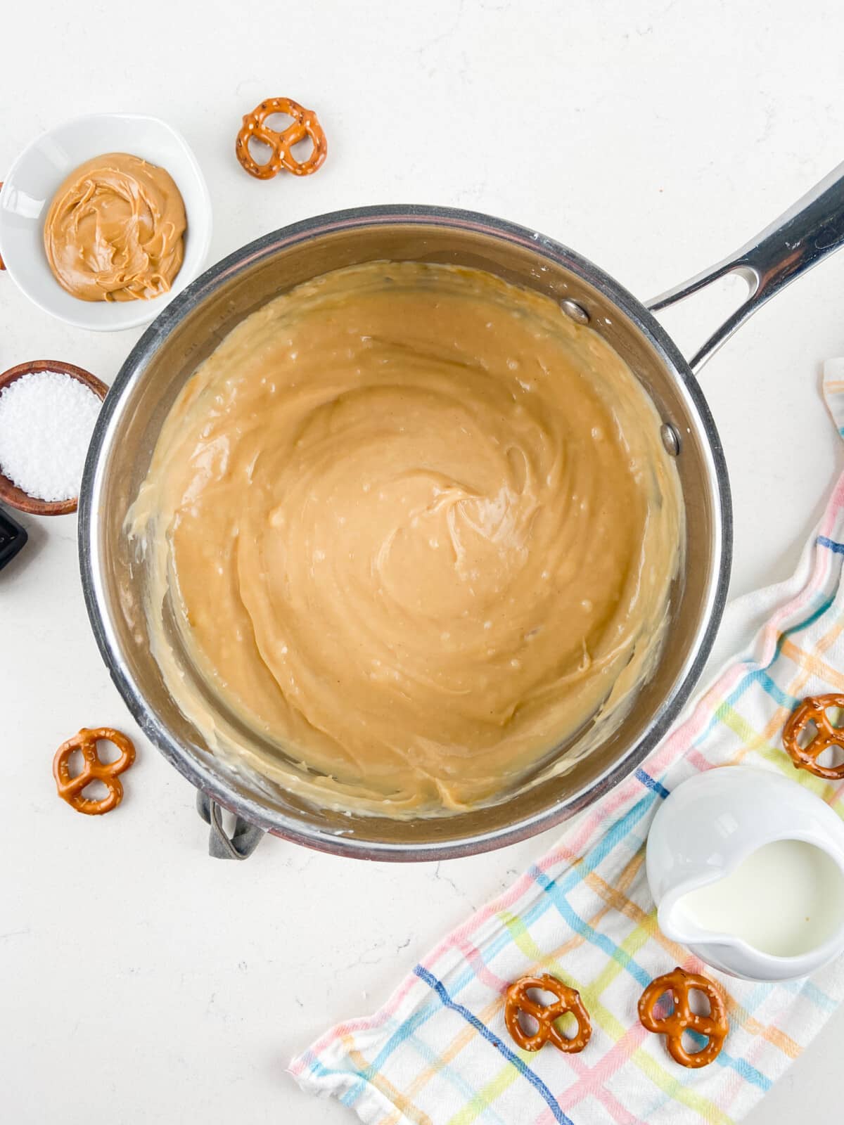 process shot of pretzel peanut butter pie.