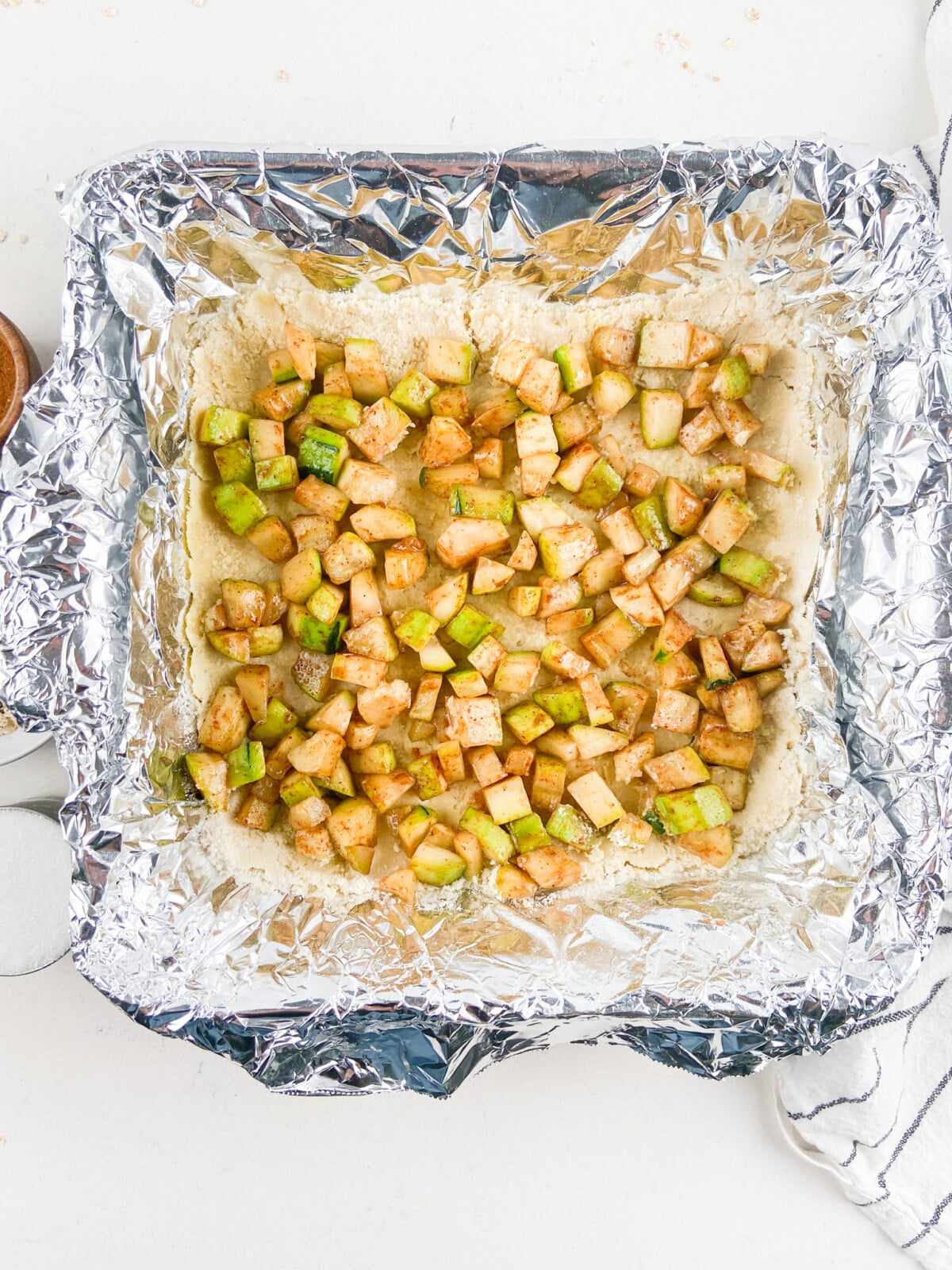 process shot of zucchini pie bars.