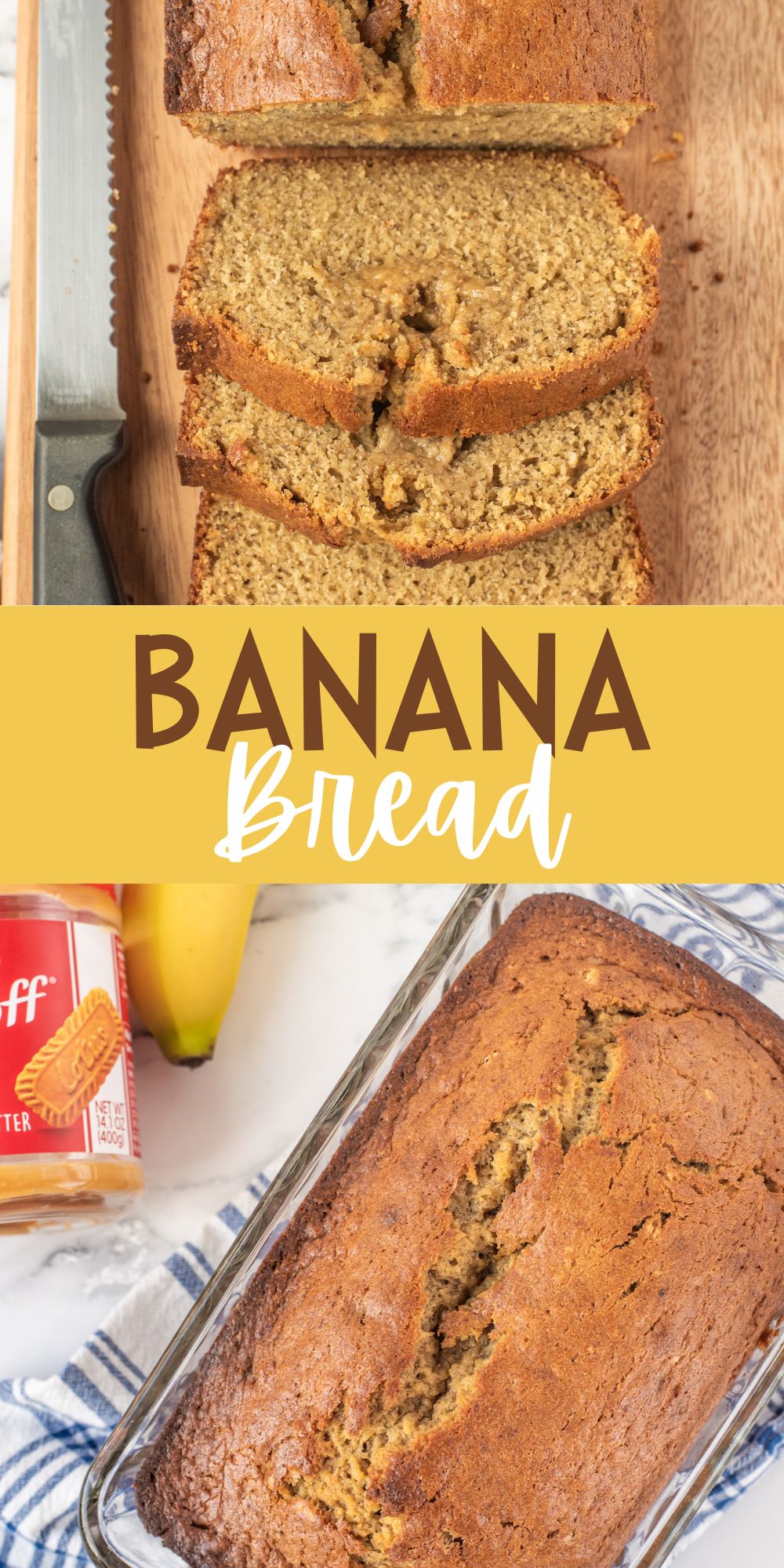 two photos of sliced banana bread next to a serrated knife on a cutting board with words on the image.