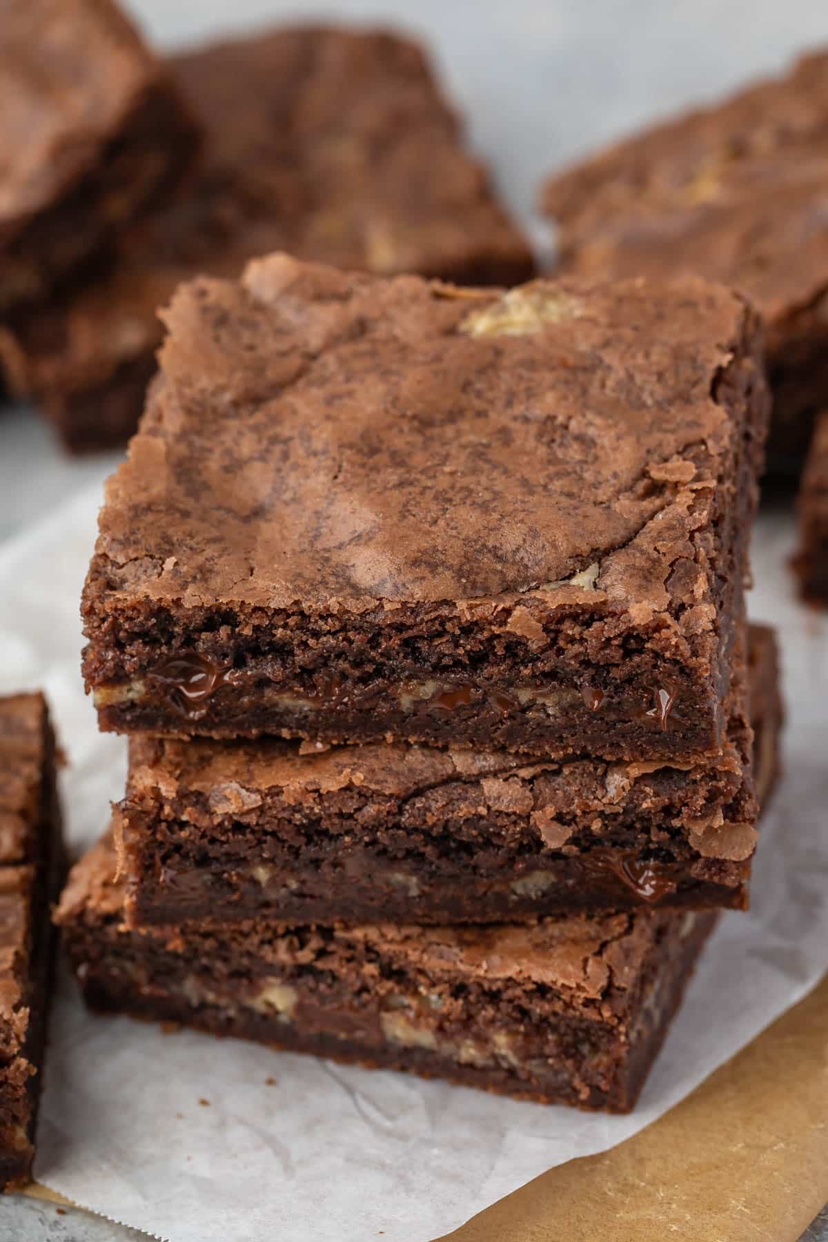 stacked brownies with chocolate chips baked in.