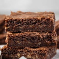 stacked brownies with chocolate chips baked in.