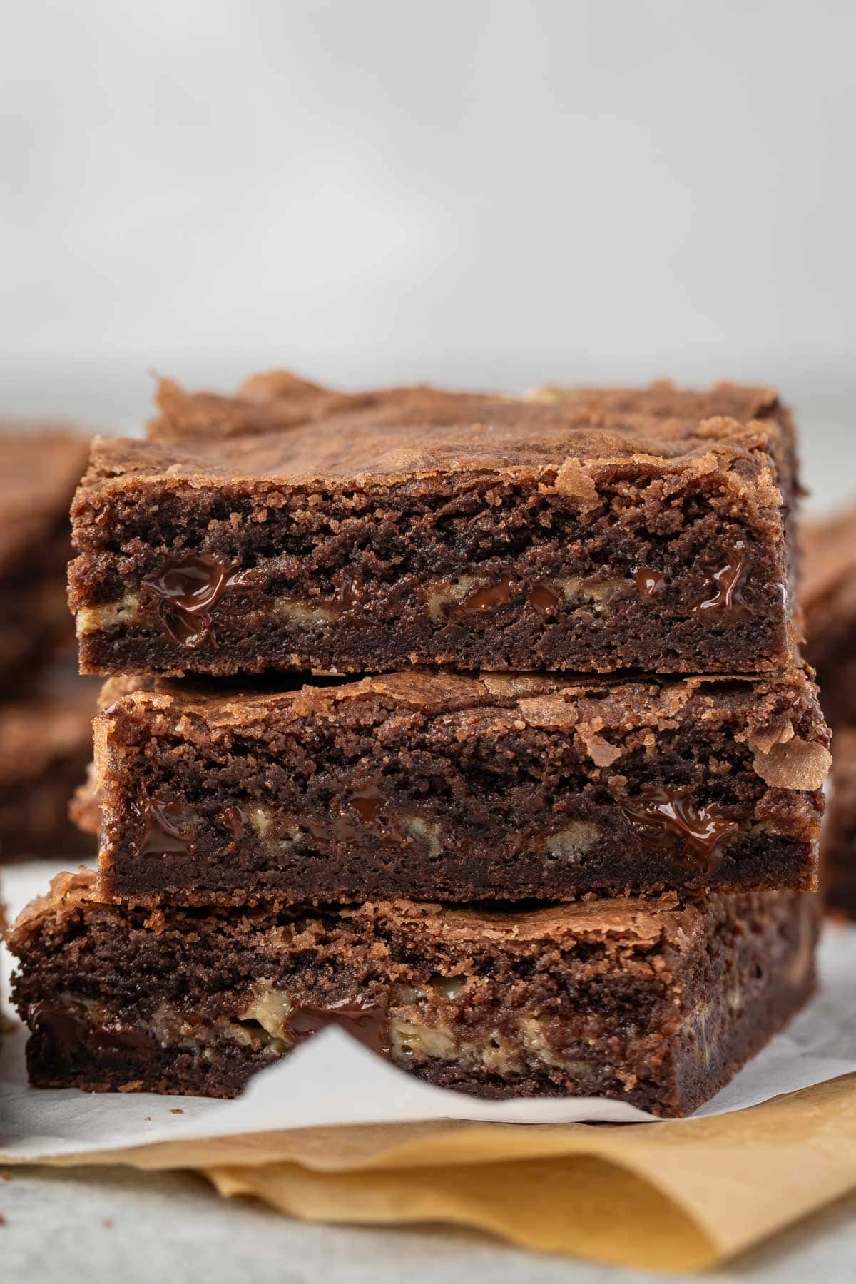 stacked brownies with chocolate chips baked in.