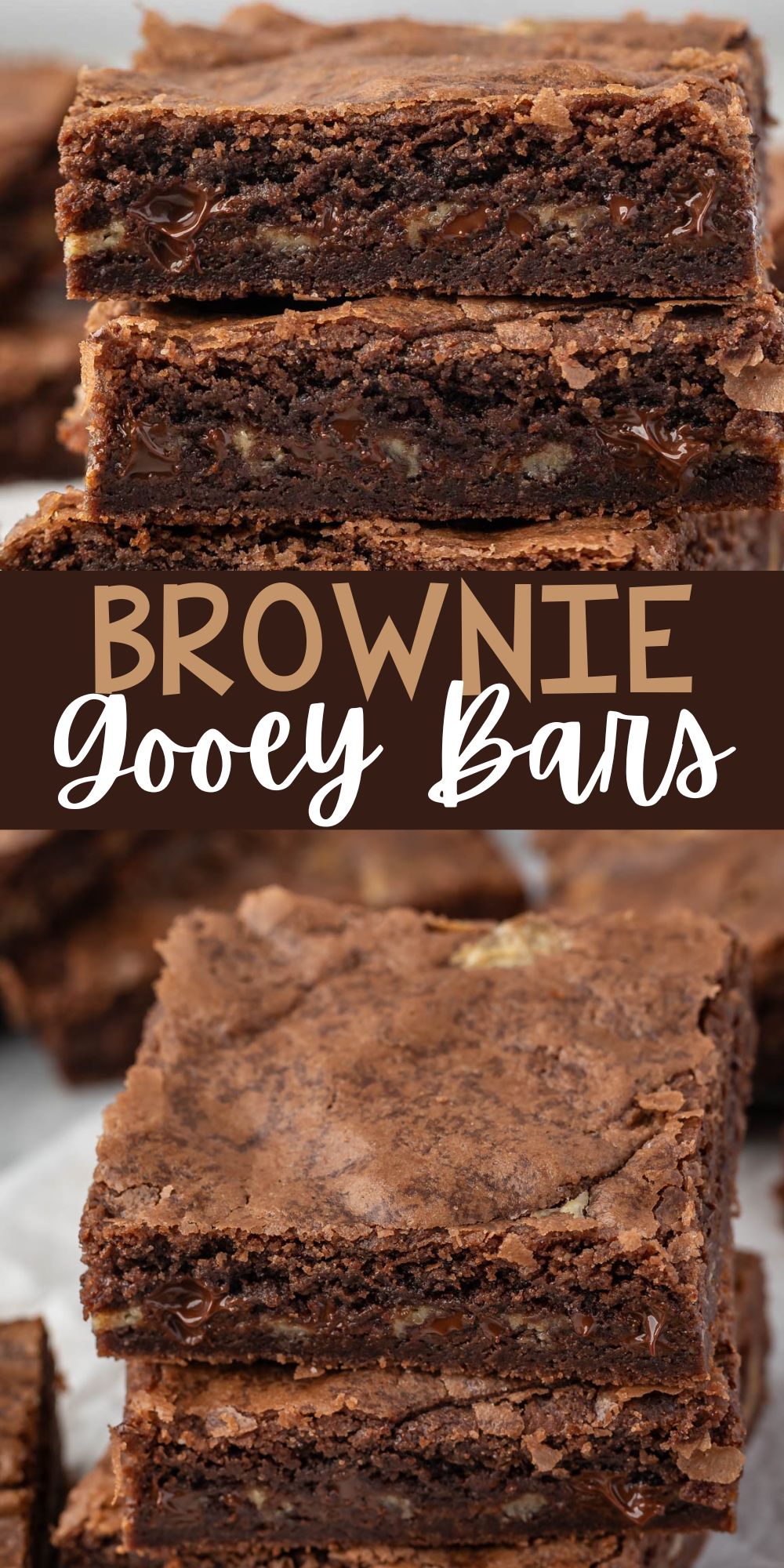 two photos of stacked brownies with chocolate chips baked in with words on the image.