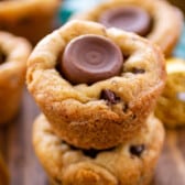 stacked cookie cups with a Rolo baked in.