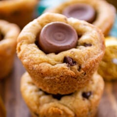 stacked cookie cups with a Rolo baked in.