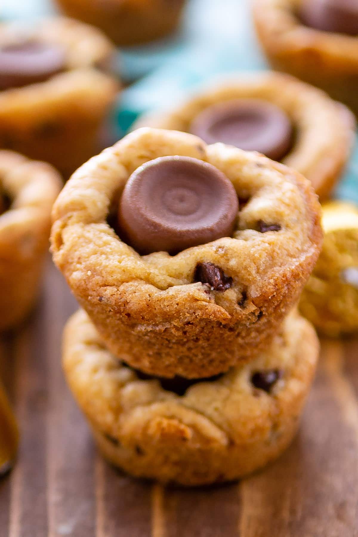 stacked cookie cups with a Rolo baked in.