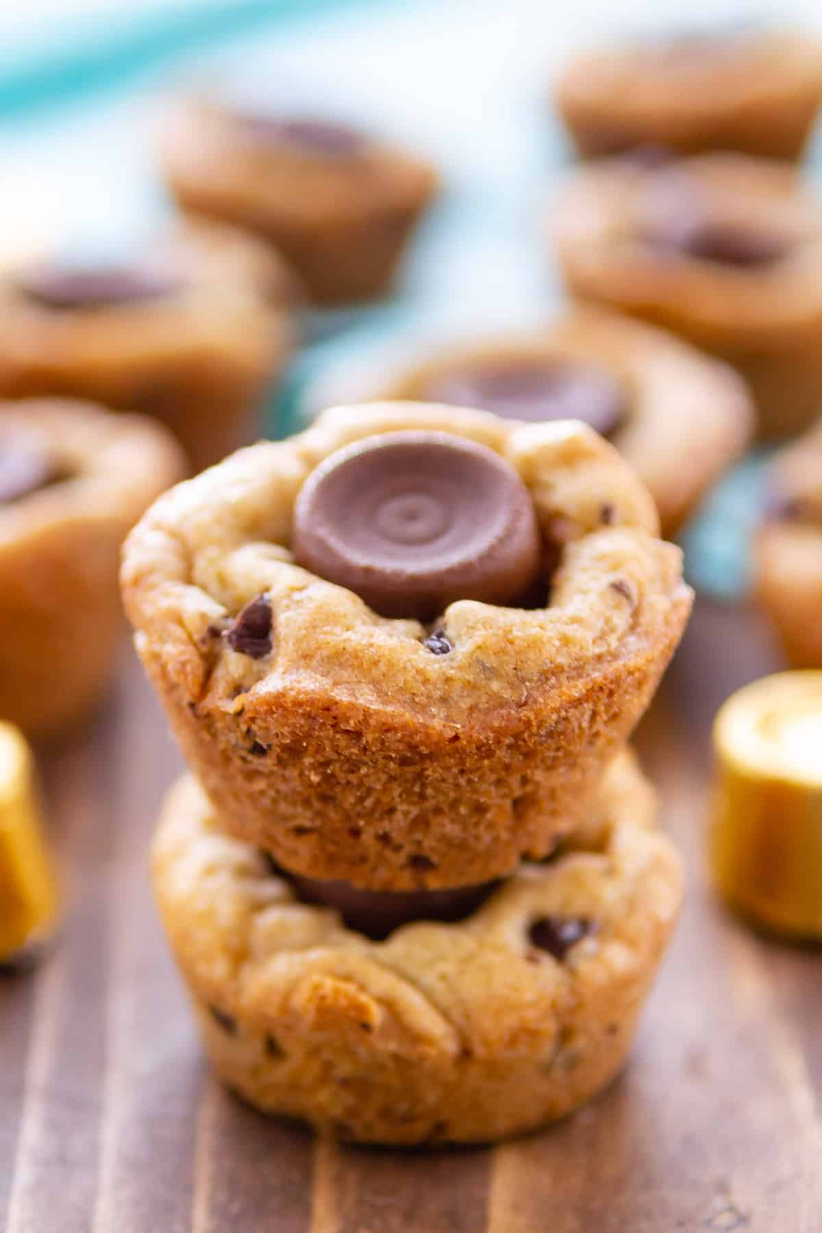 stacked cookie cups with a Rolo baked in.