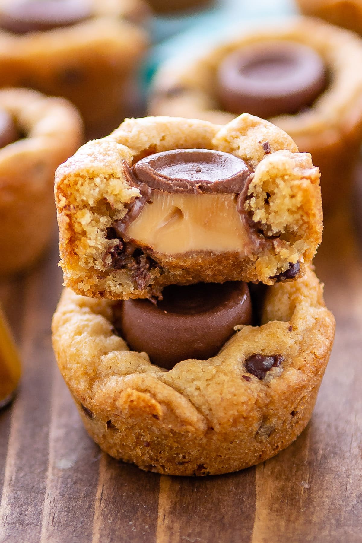 stacked cookie cups with a Rolo baked in.
