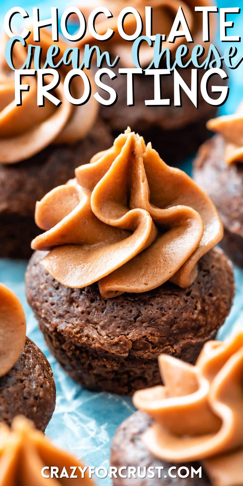 mini brownie bites with chocolate cream cheese frosting on top with words on the image.