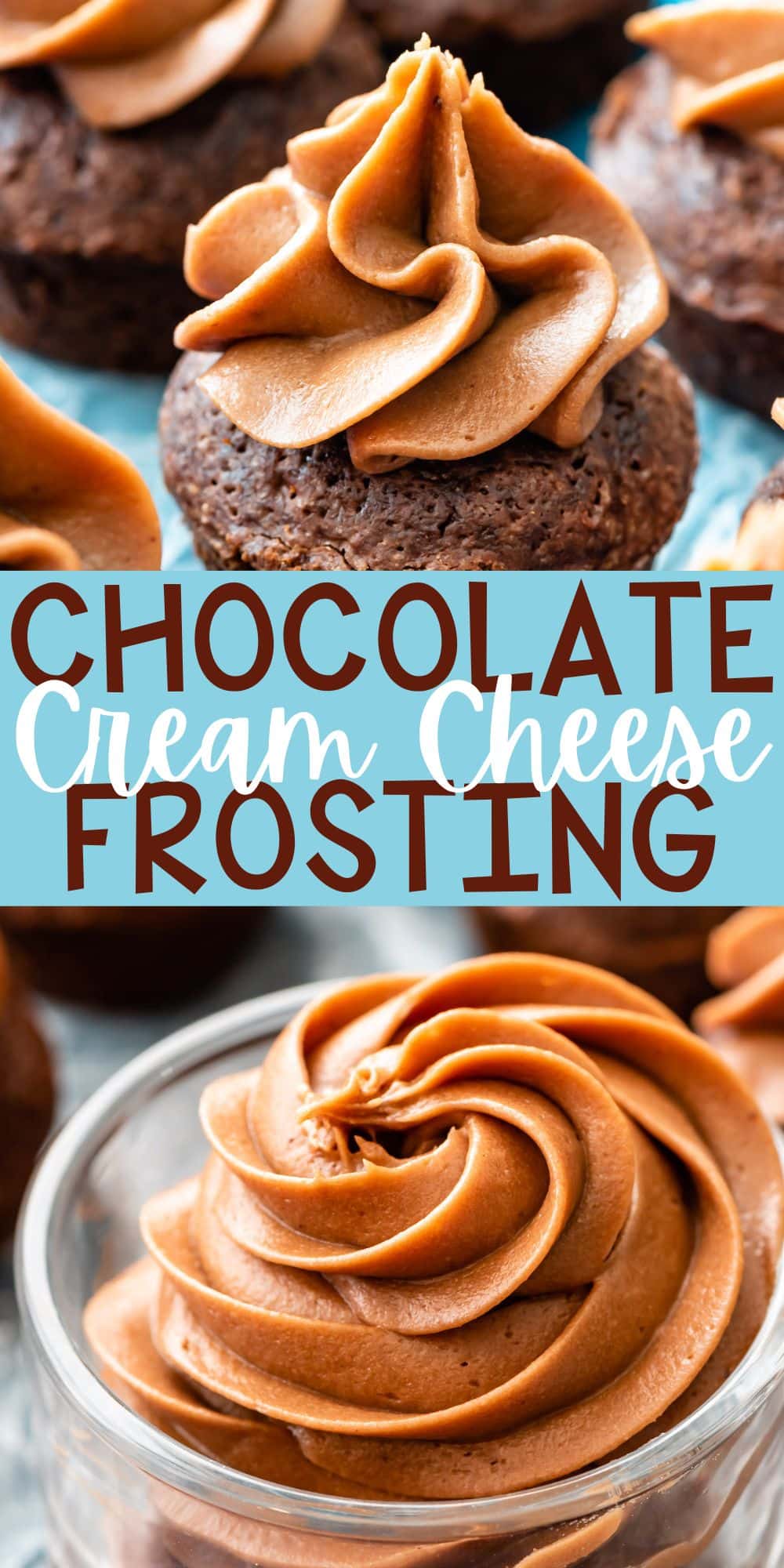 two photos of mini brownie bites with chocolate cream cheese frosting on top with words on the image.