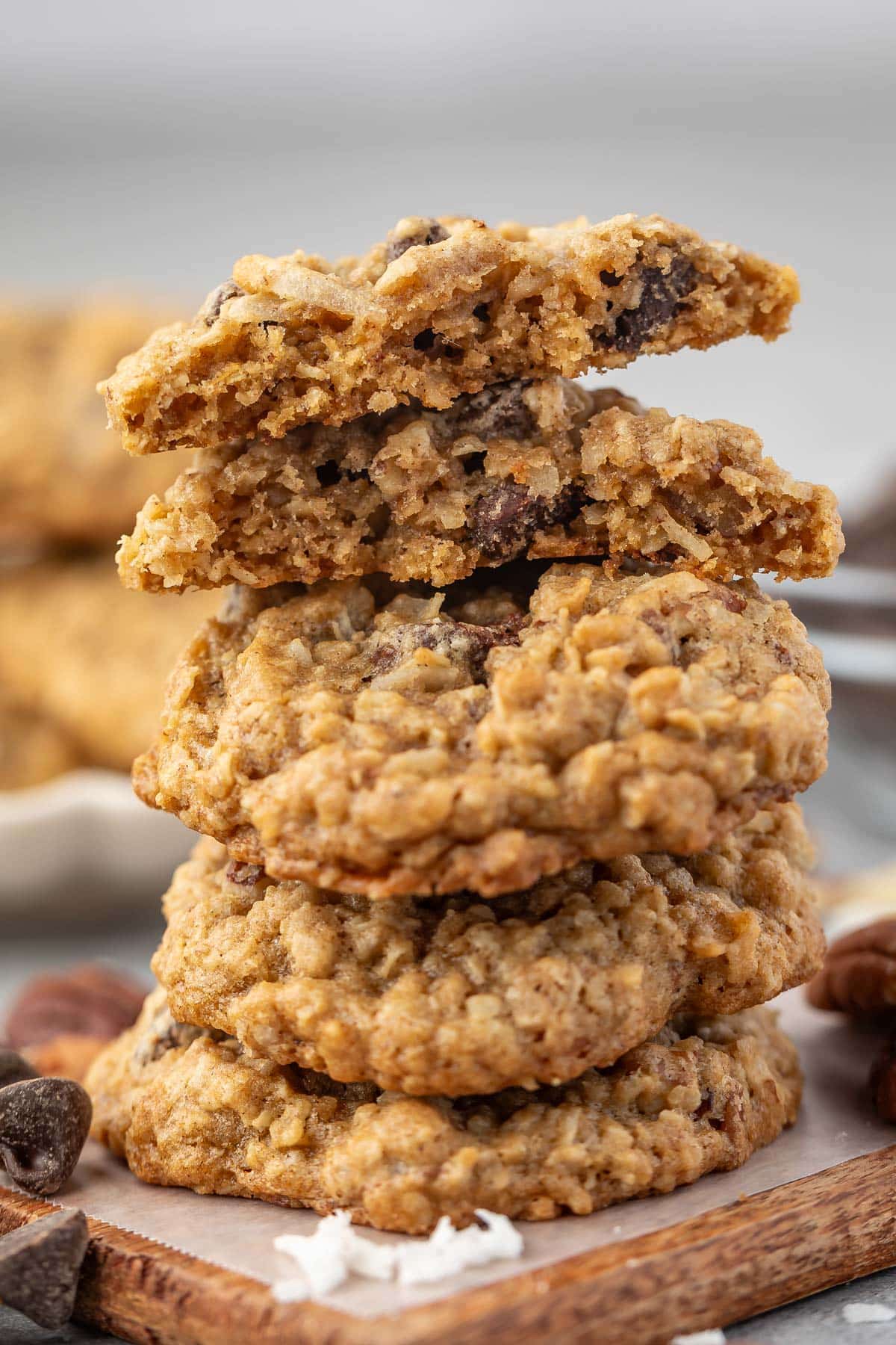 stacked cookies with coconut and chocolate chips and pecans baked in.