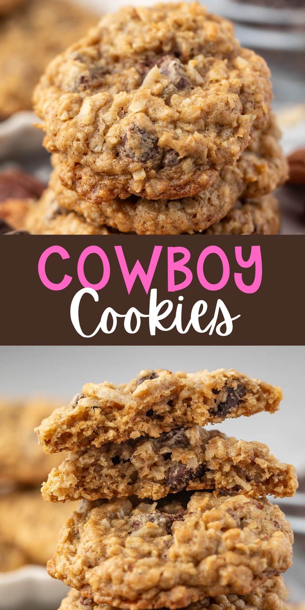 two photos of stacked cookies with coconut and chocolate chips and pecans baked in with words on the image.