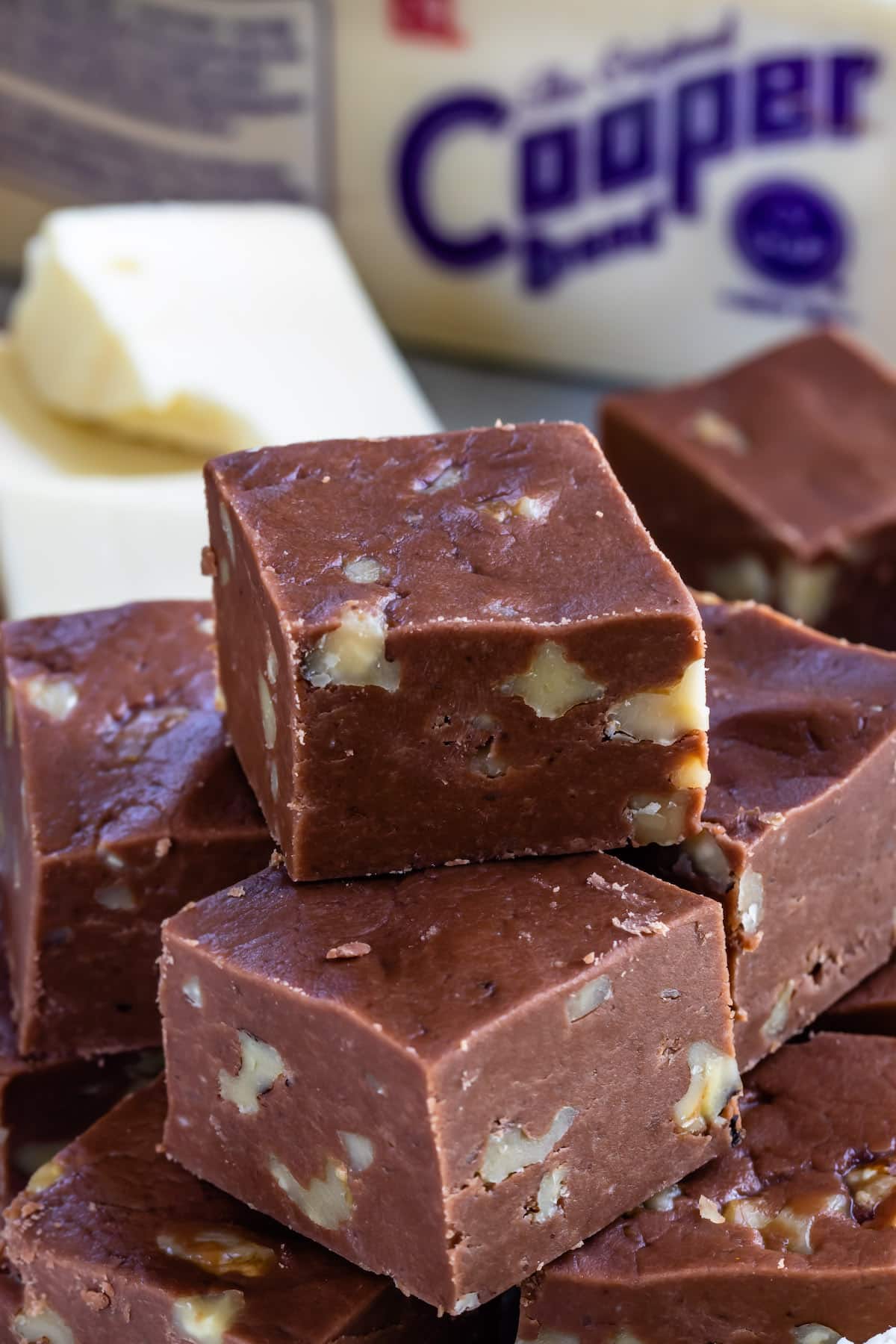 stack of fudge with cheese box behind