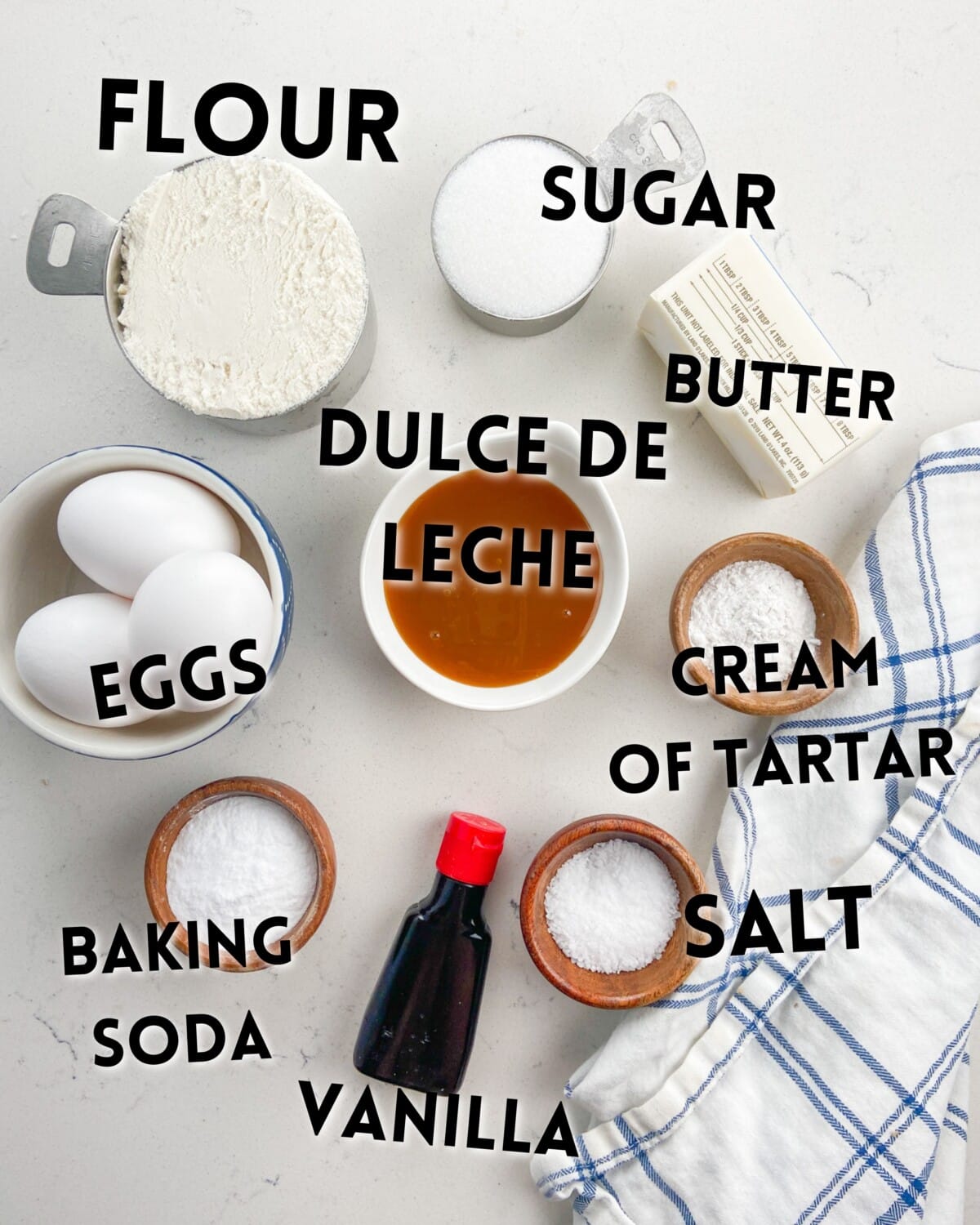 ingredients of dulce de leche bars laid out of a counter.