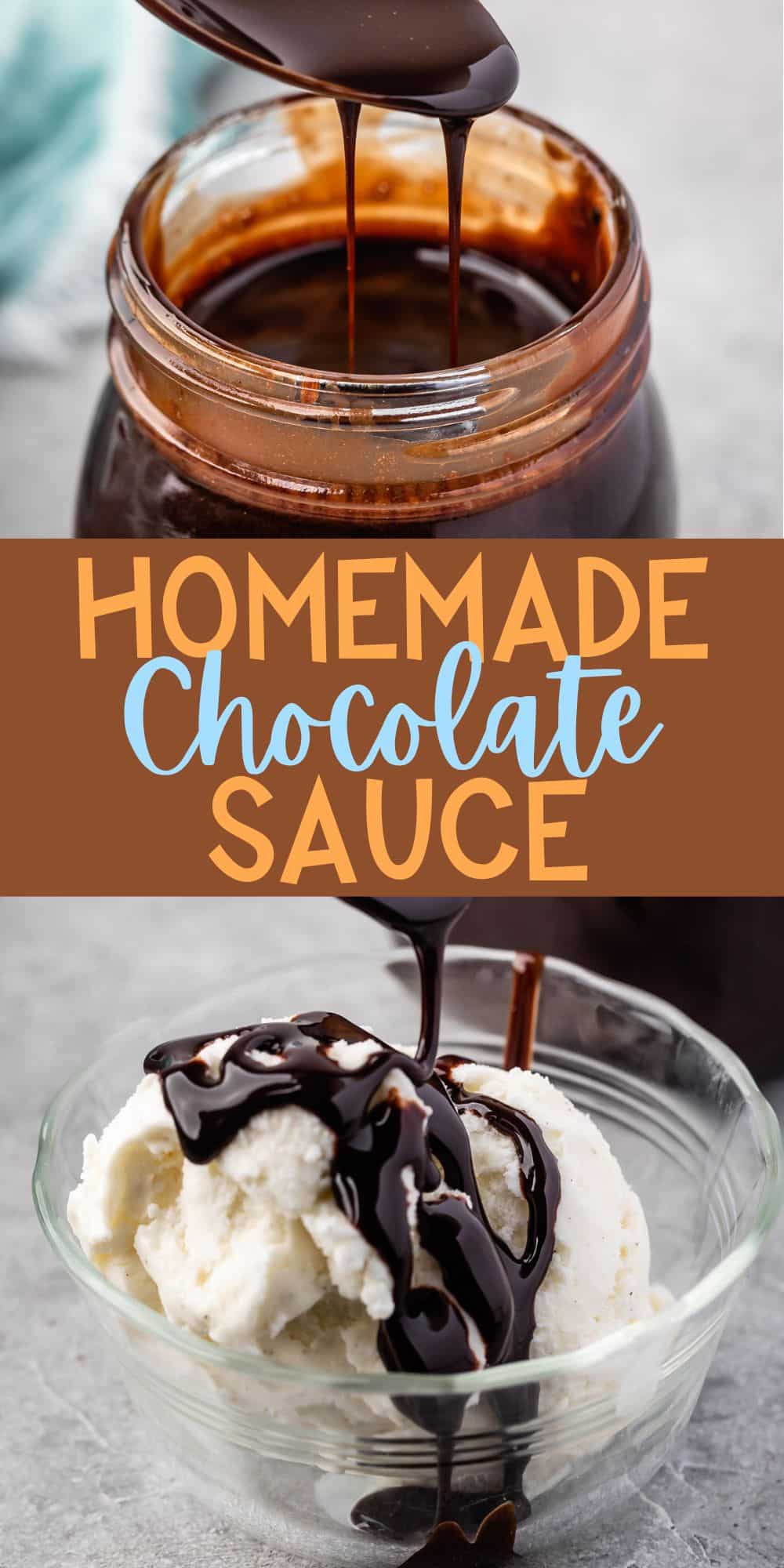 two photos of a spoon scooping chocolate sauce out of a clear jar with words on the image.